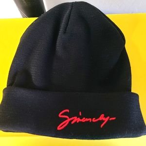 GIVENCHY BEANIE Black with Red Letters Wool Unisex Winter Warm Hat.